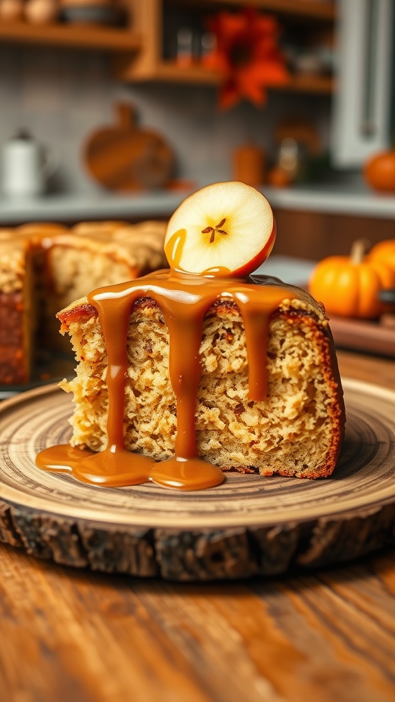 A slice of caramel apple cake on a wooden plate, garnished with caramel sauce and apple slice.